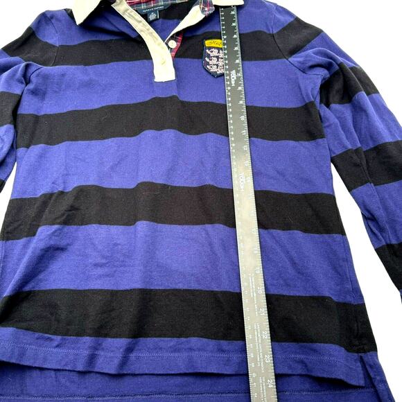 TOMMY HILFIGER Men's Medium Vintage Crest patch Polo Rugby Blue Striped Shirt - Picture 9 of 9